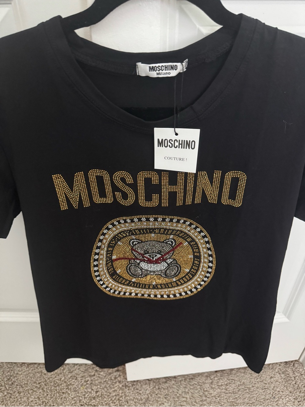 Moschino Black Tee with Gold and Silver on Jeweled Logo